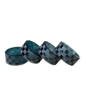 NEW Mackenzie-Childs Indigo Check Glass Napkin Rings, Set of 4 Navy Blue